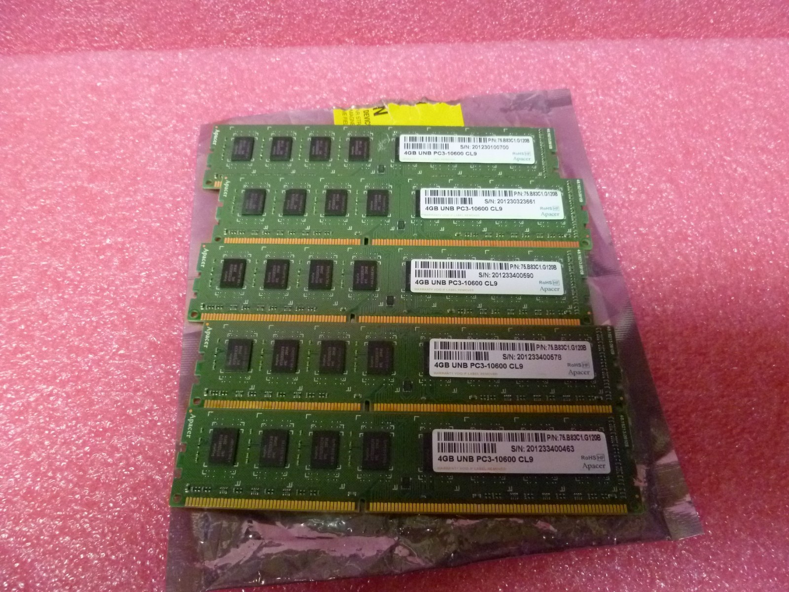 LOT OF 5 APACER 4GB UNB PC3-10600 CL9 DESKTOP  Memory