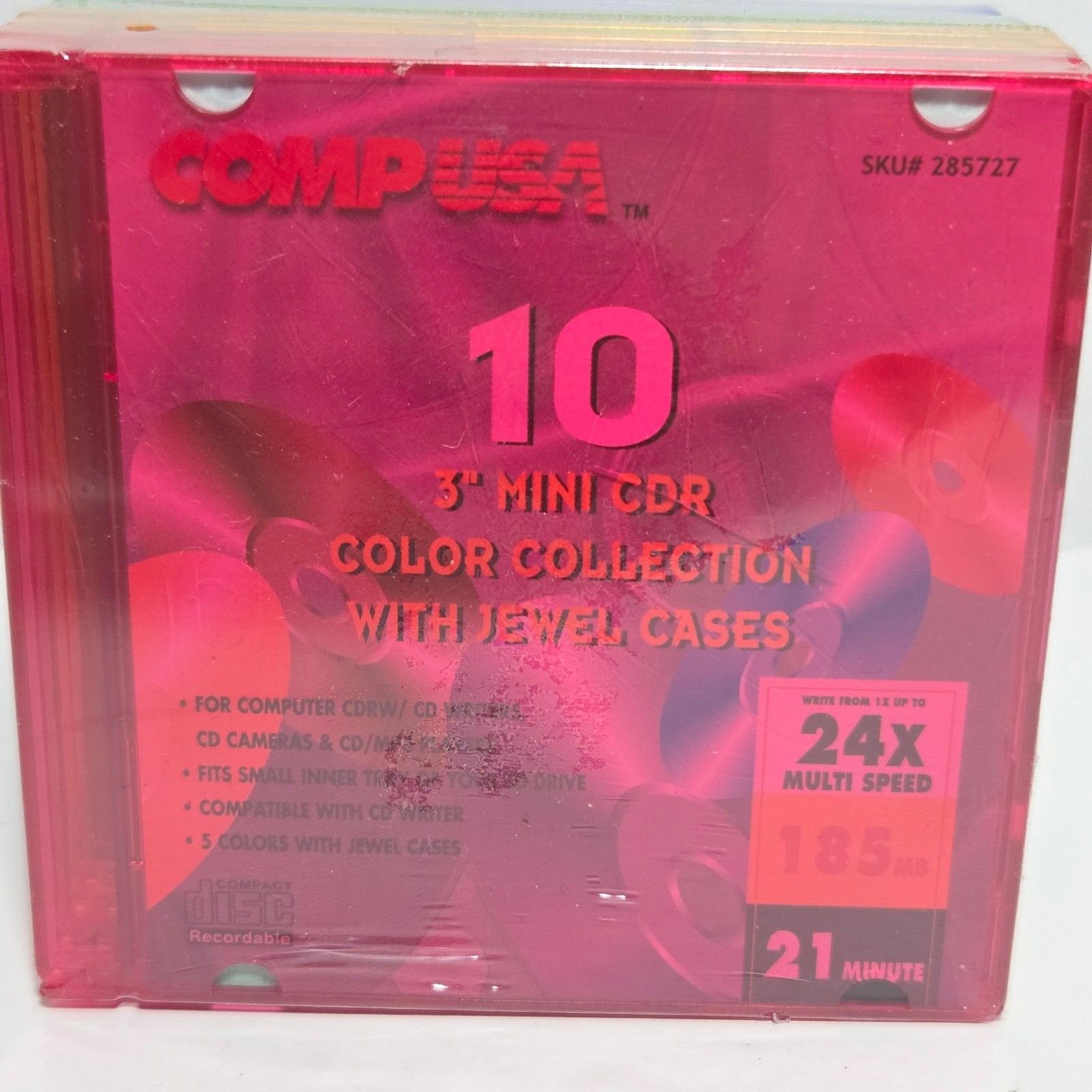 Vtg CompUSA Mini CD-R 10 Pack 185MB 21 Min Color Jewel Cases Y2K New Sealed
