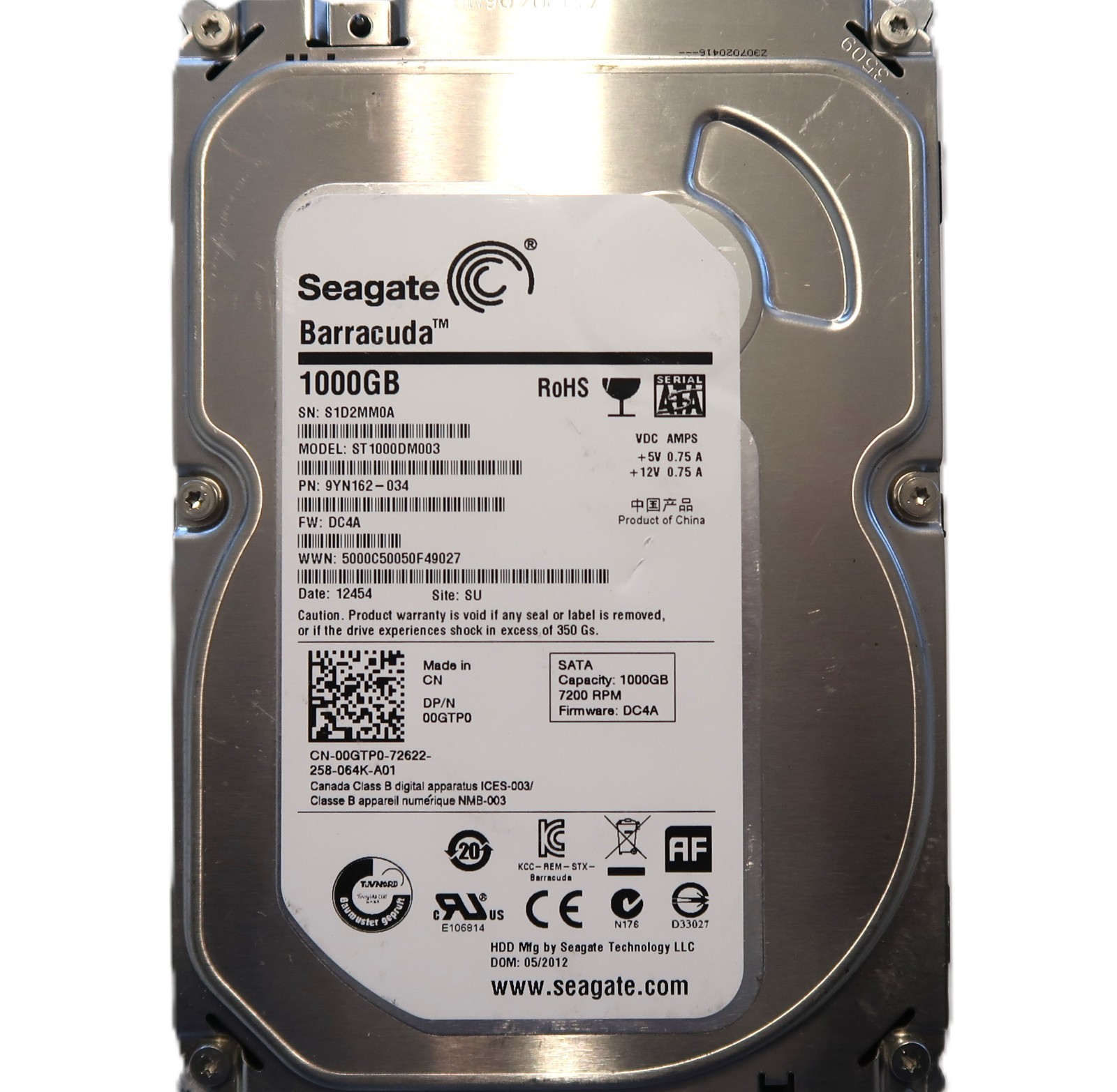 Seagate ST1000DM003 9YN162-034 DC4A (S1D2) SU China 3.5" 1TB Sata HDD 05/2012