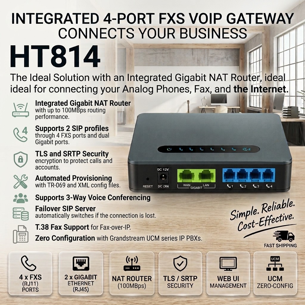 Grandstream HT814 v2 4-Port FXS VoIP Gateway – Dual Gigabit NAT Router & 2 SIP P