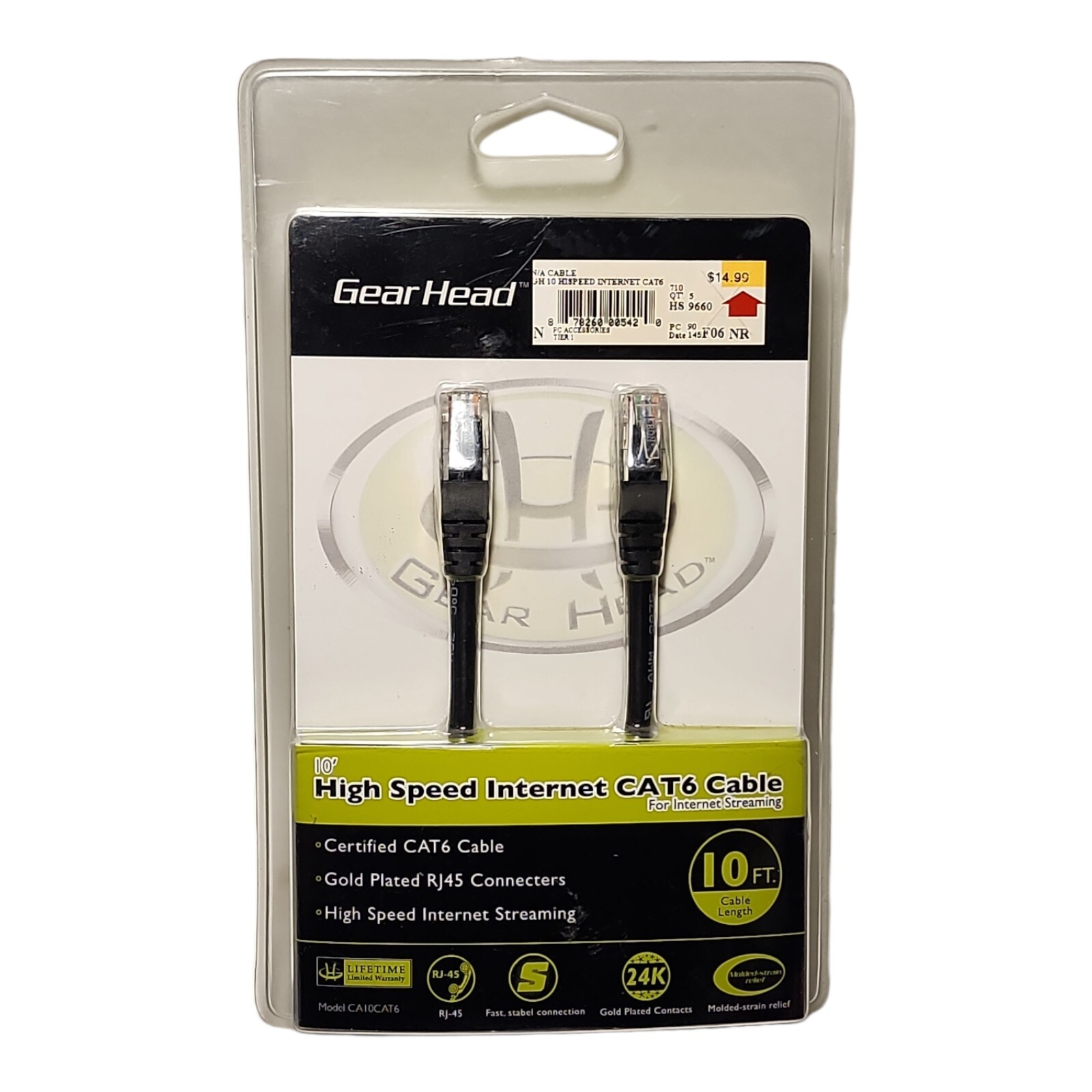 Gear Head High Speed Internet Cat 6 Cable Gold Plated Connectors 10ft Cable New