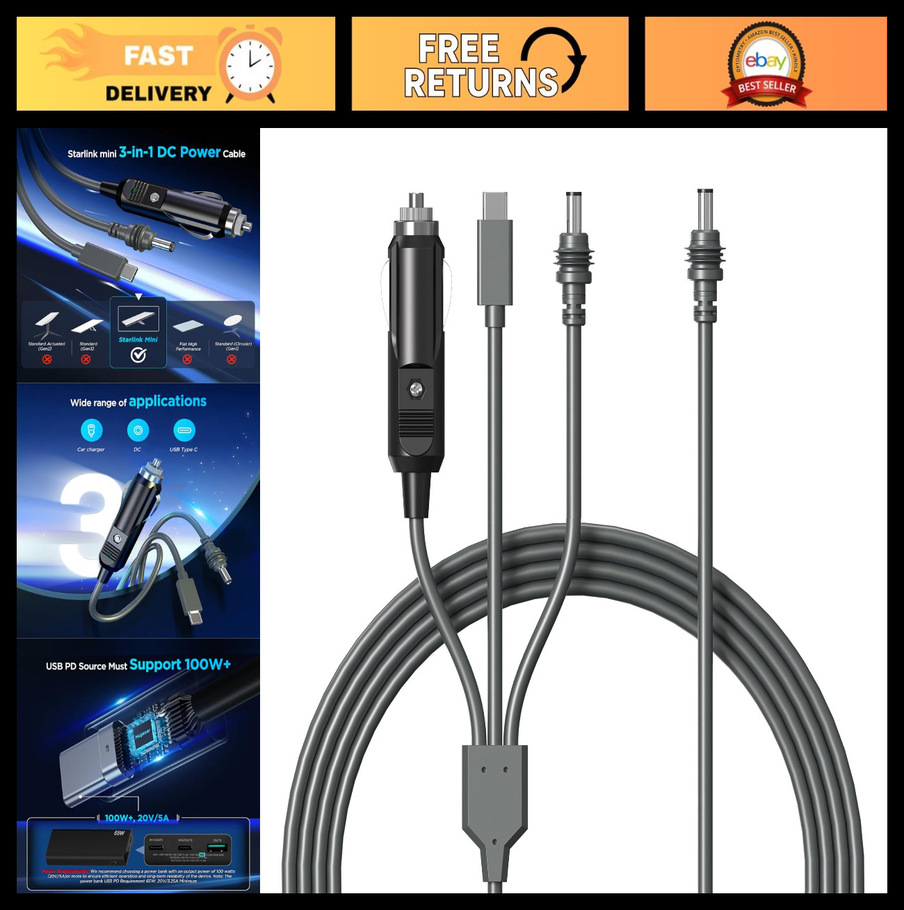 3 in 1 Starlink Mini Cable 10FT - High-Speed USB C Car Charger & DC Power Cable
