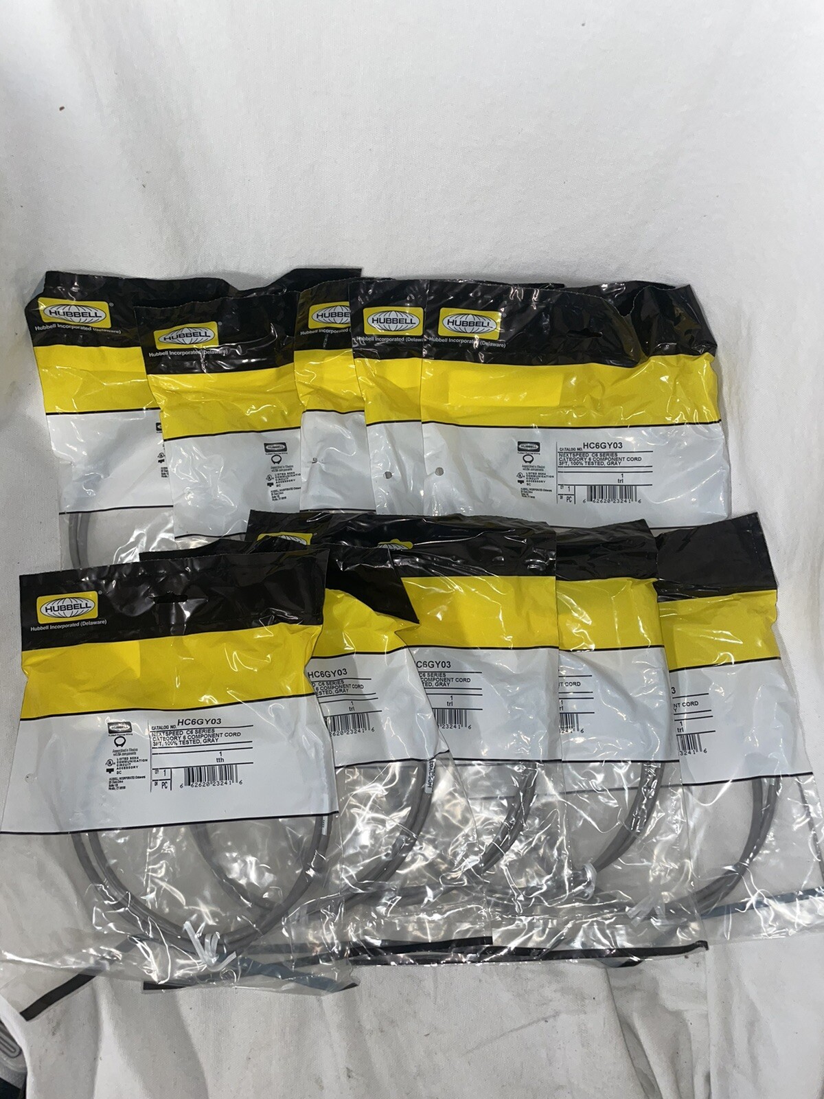 Lot Of (10) Hubbell HC6GY03, Next Speed C6 Series Cat 6 Component Cord, 3ft Gray