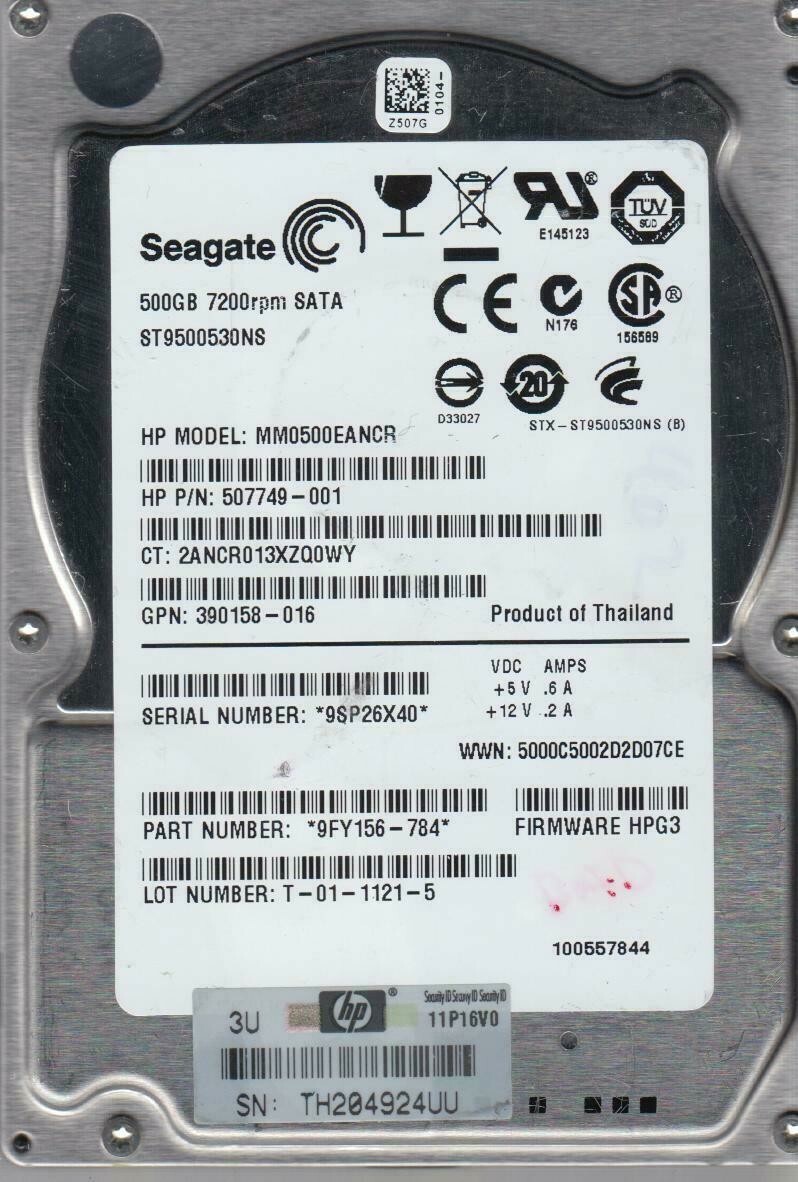 ST9500530NS, 9SP, TH, PN 9FY156-784, FW HPG3, Seagate 500GB SATA 2.5 Bsectr HDD