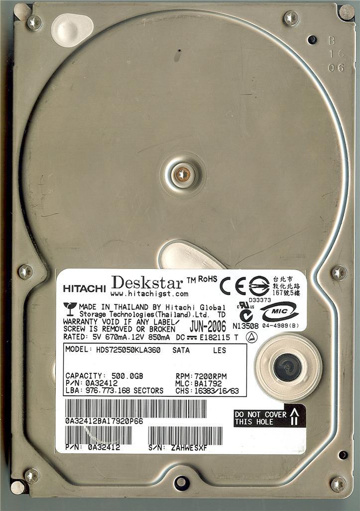 HITACHI DESKSTAR HDS725050KLA360 500GB SATA HARD DRIVE MLC: BA1792 P/N: 0A32412