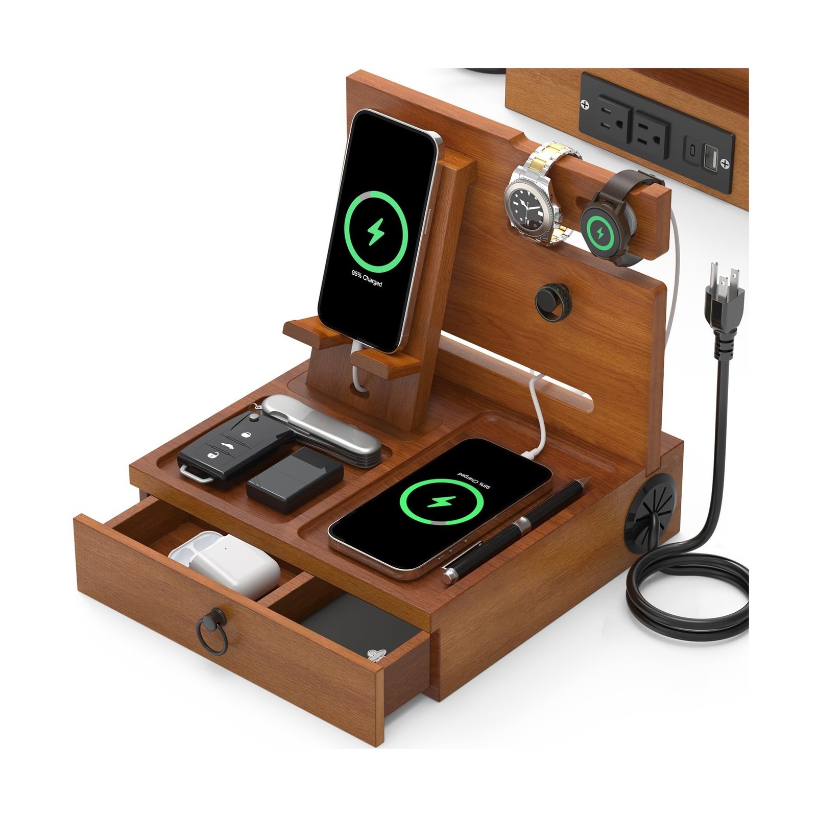 Wood Phone Docking Station with USB Ports and Outlets, Nightstand Organizer w...