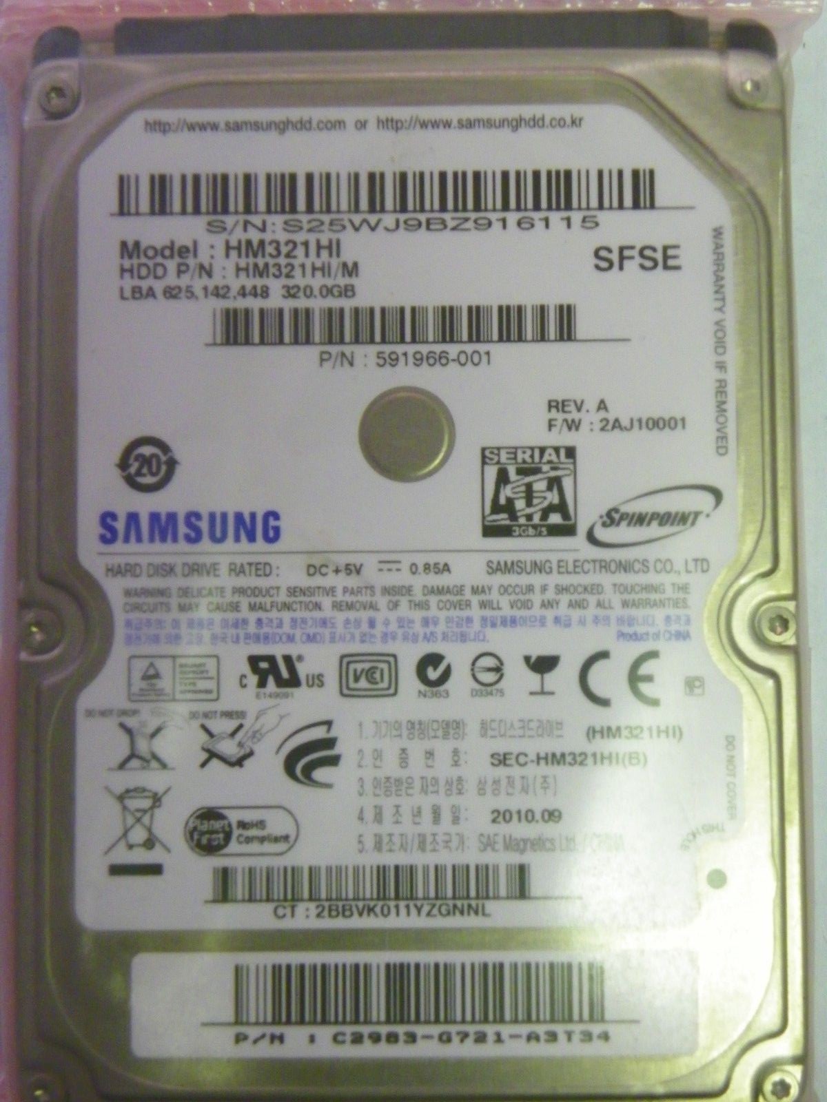 Samsung HM321HI P/N: HM321HI/M FW:2AJ10001 Laptop 320GB 2.5" SATA HDD 591966-001