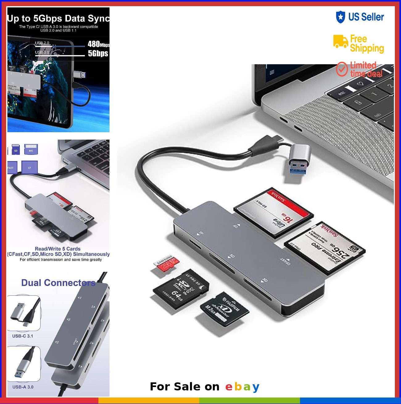 5-in-1 CFast 2.0 Card Reader USB C USB A 5Gbps SD TF XD CF Memory Card for