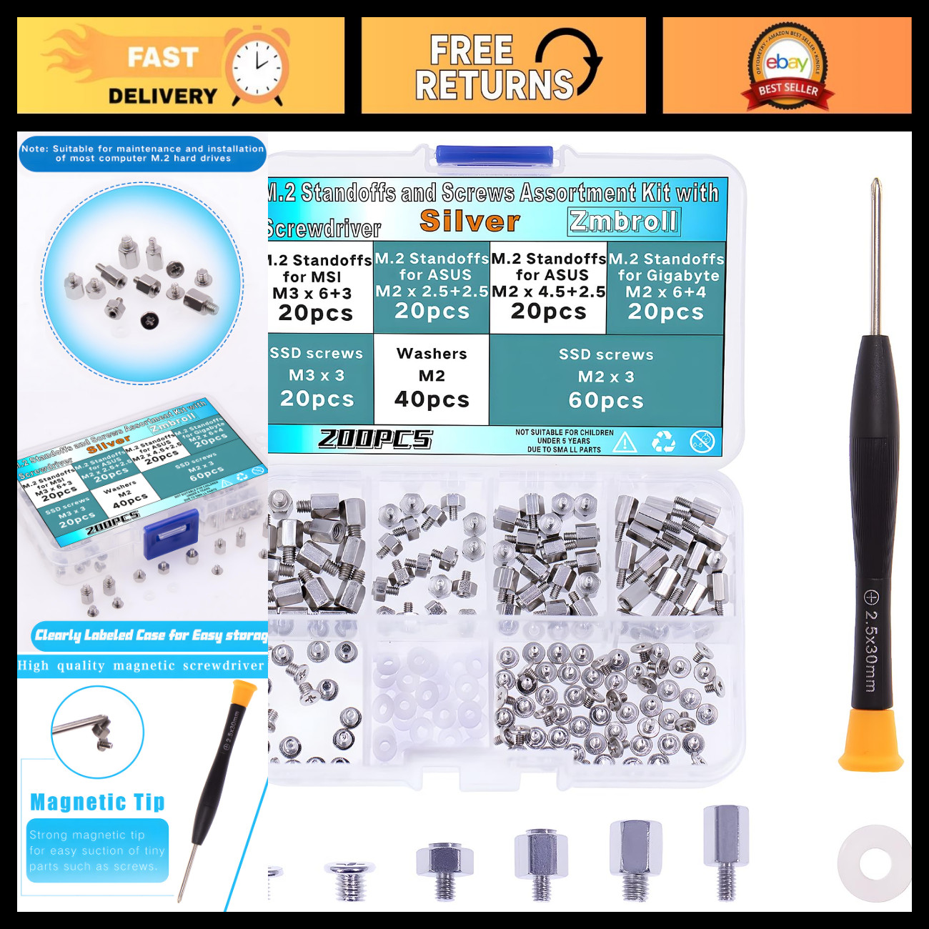 200Pcs M.2 SSD Mounting Screws & Standoffs Set with Screwdriver for Laptops