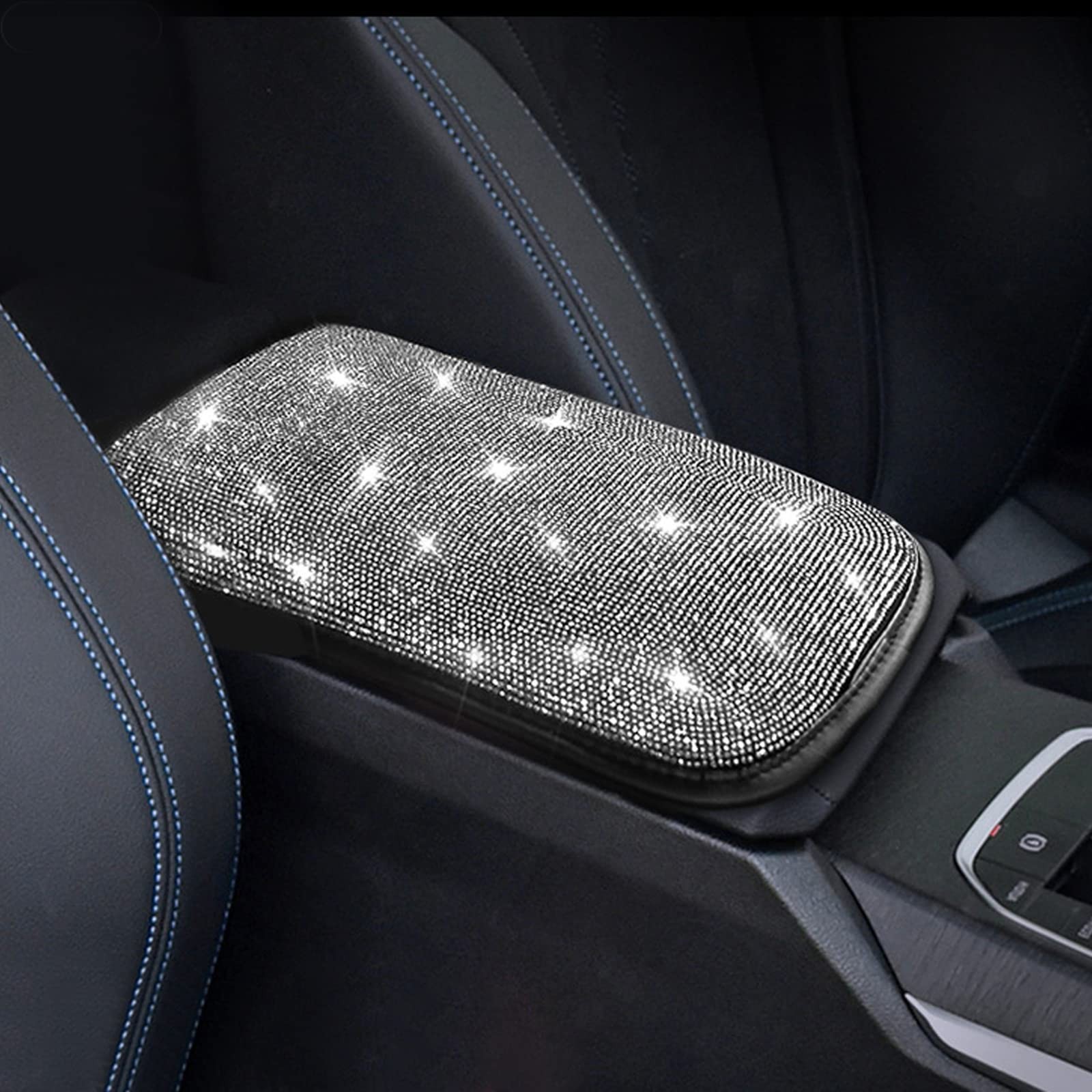 FUNOJOY Car Armrest Cover for Women White Diamond Rhinestone Bling 