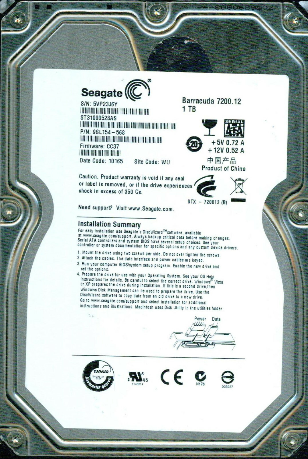 ST31000528AS,  9SL154-568, CC37  WU  5VP2 SEAGATE 1TB 10165