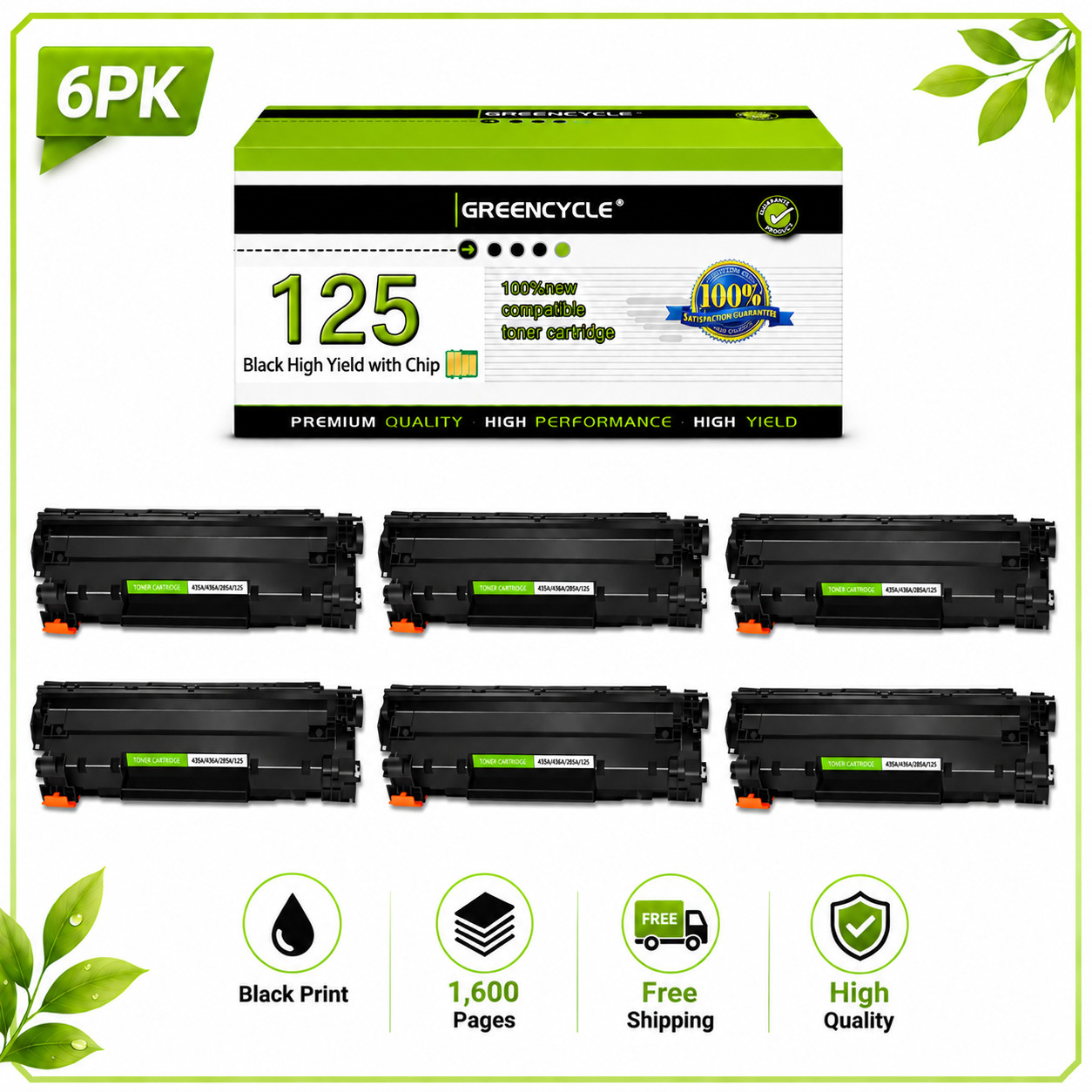 6PK High Yield 125 Toner Cartridge for Canon ImageClass LBP6000 LBP6030w MF3010
