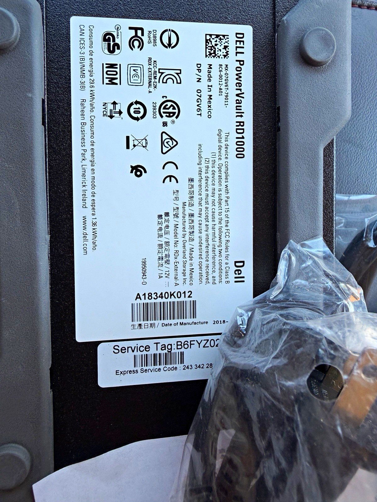 DELL PowerVault RD1000 External Backup USB Storage Drive 6X 1TB Data Cartridge