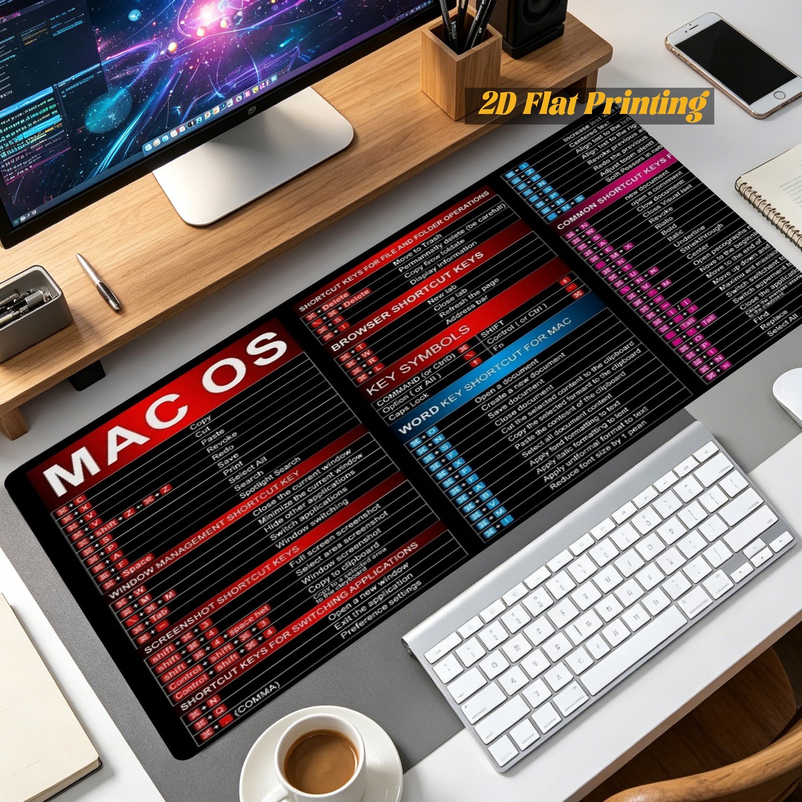 1pc Mac OS Shortcut Cheat Sheet Printed Large Mouse Pad | 2D Flat Printed Desk