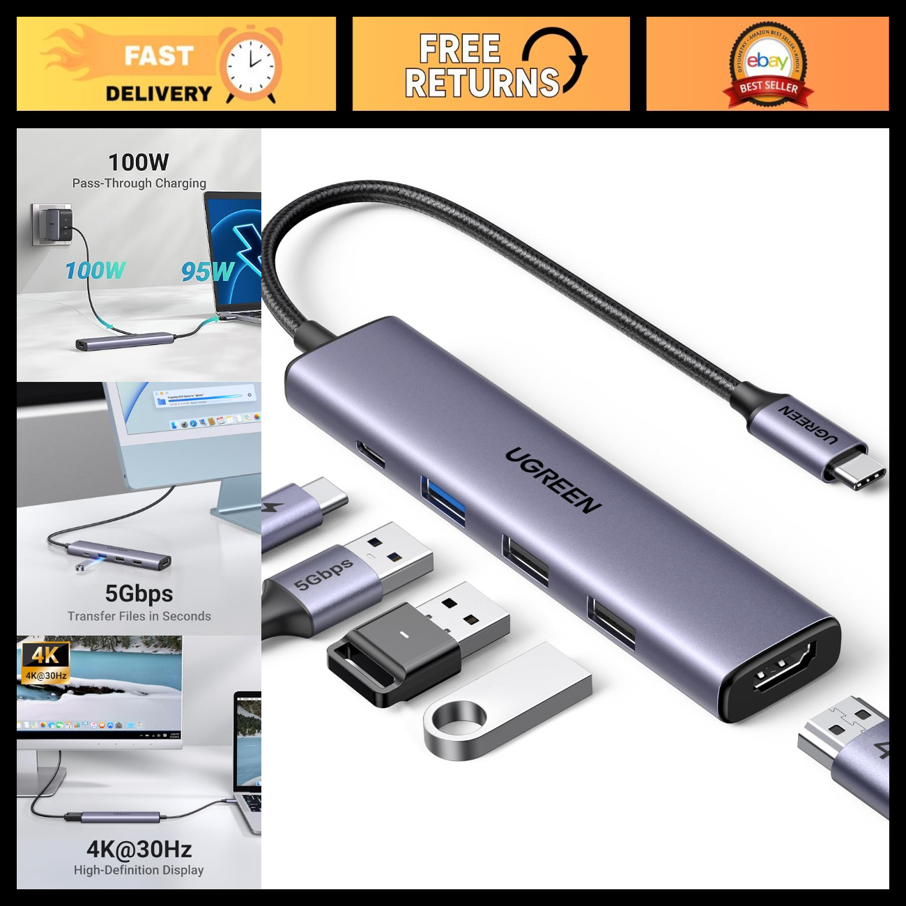 5-in-1 USB C Hub Adapter, 4K HDMI, 100W Power Delivery, Multiport Connectivity