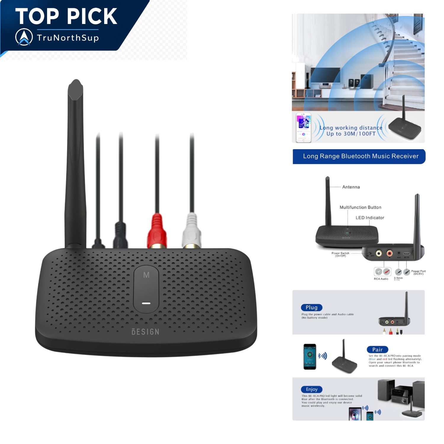 BE-RCA Pro Bluetooth 5.0 Long Range Wireless Adapter RCA Aux for Speakers