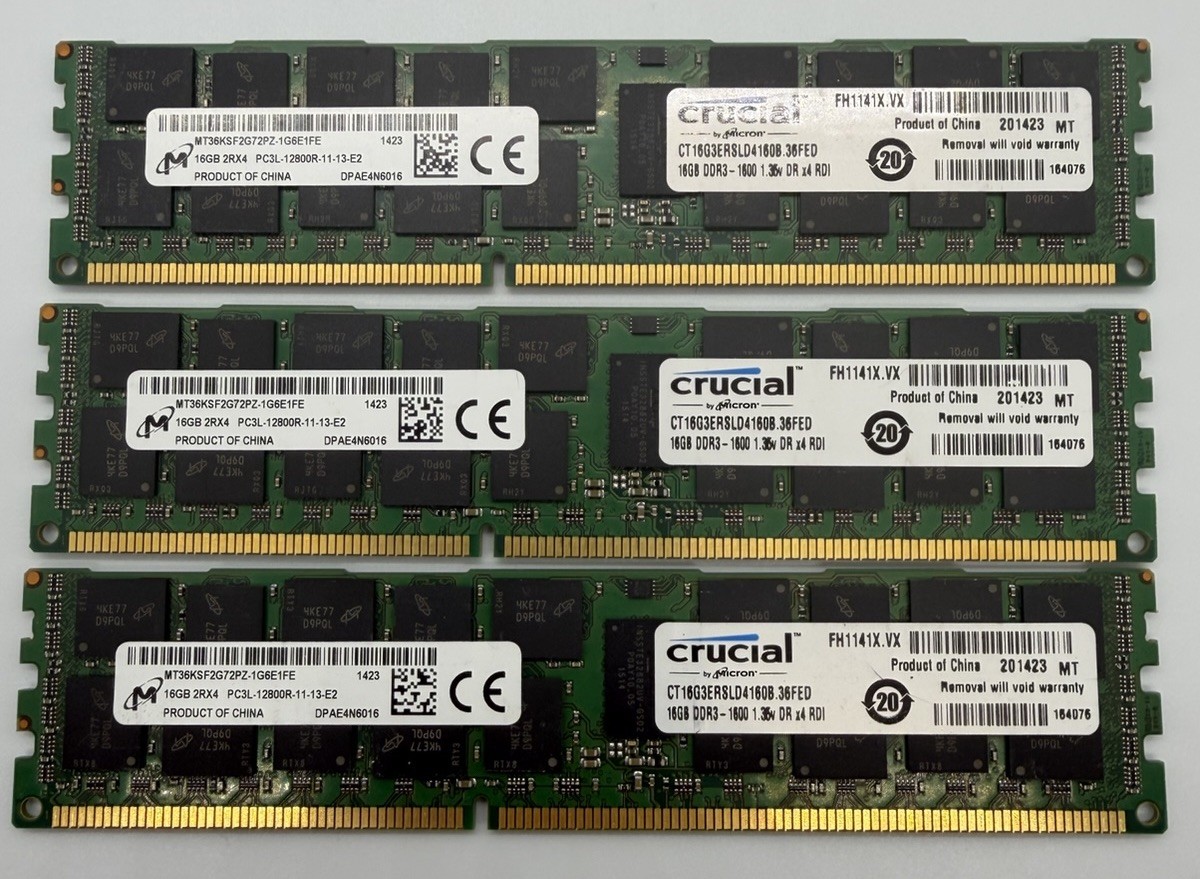 LOT OF 3 16GB (48gb Total) Micron 2Rx4 PC3L-12800R-11-13-E2 DDR3 RDIMM RAM RAM