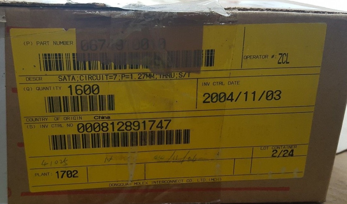 MOLEX 0674910010 SATA CIRCUIT T=7 P=1 27MM THRU S/T QTY: 1600 (R6S6.5)