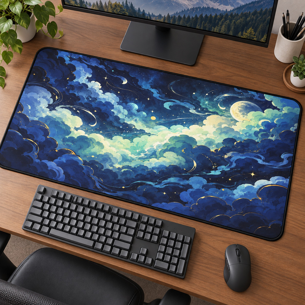 Celestial Cloud Desk Mat, Moon & Stars Mouse Pad, Blue Night Sky Gift