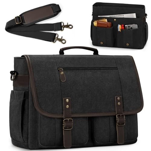  Mens Messenger Bag 17-17.3 Inch Vintage Canvas Briefcase Water-resistant Black