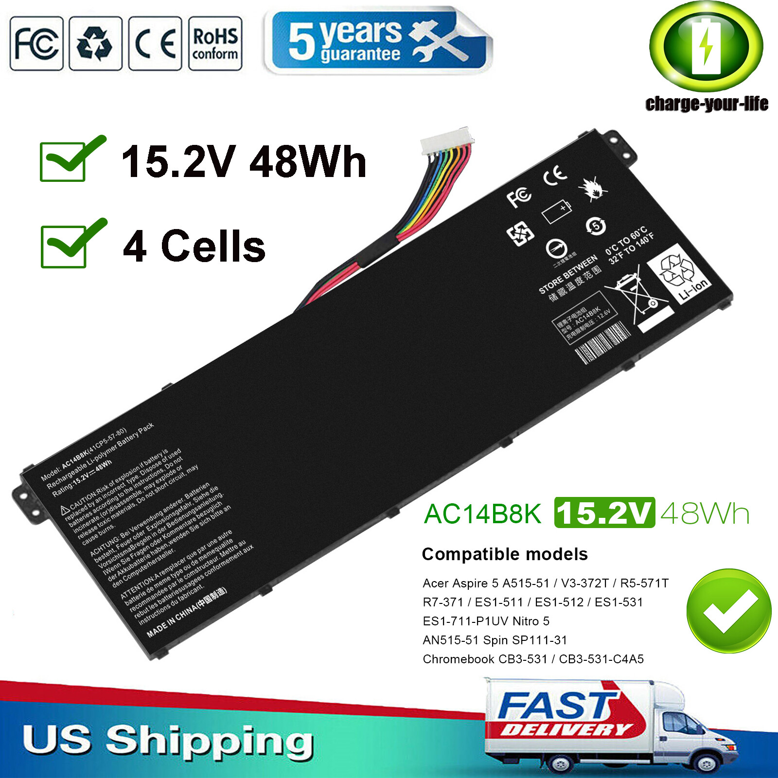 AC14B8K AC14B3K Battery for Acer Chromebook CB5-311 CB3-531 CB5-571 4ICP5/57/80