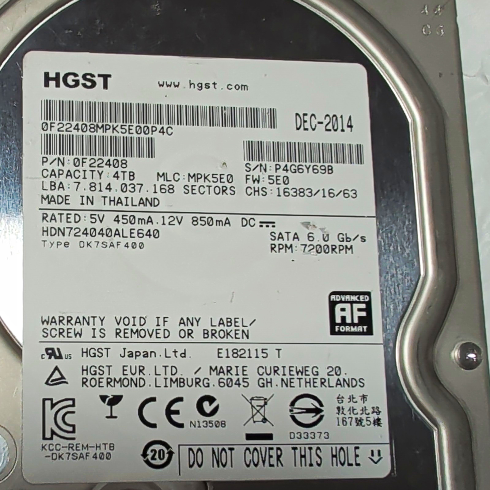 HGST Deskstar NAS 4TB HDN724040ALE640 - FOR PARTS / FAILING SMART