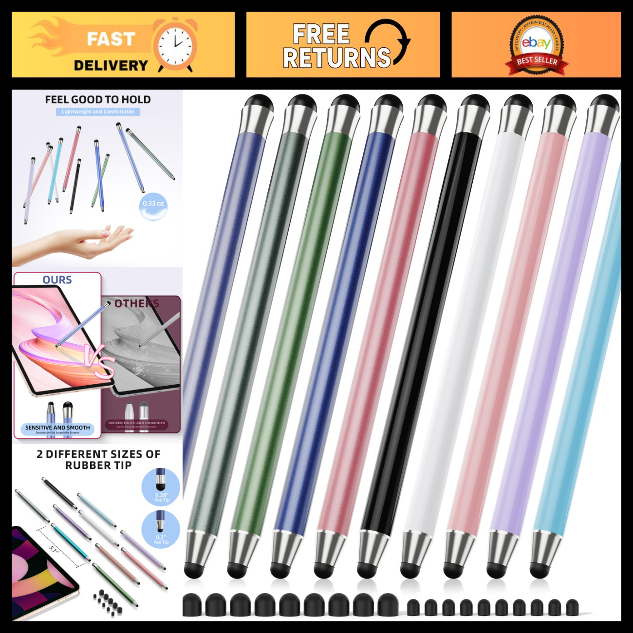 10Pcs 2-in-1 Stylus Pen Set for Touchscreens, High Sensitivity & Precision, Colo