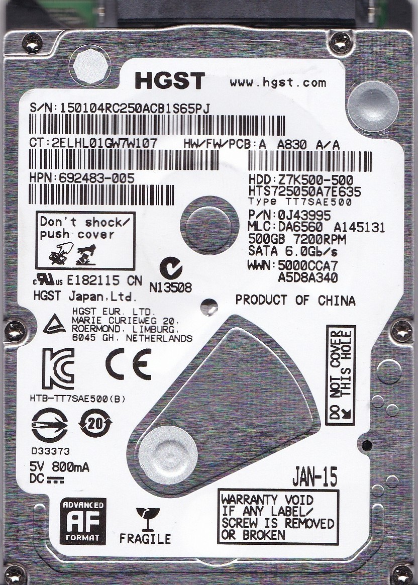 HGST HTS725050A7E635 pn: 0J43995 mlc: DA6560 RC250A CHINA JAN-15 500GB SATA 2.5"