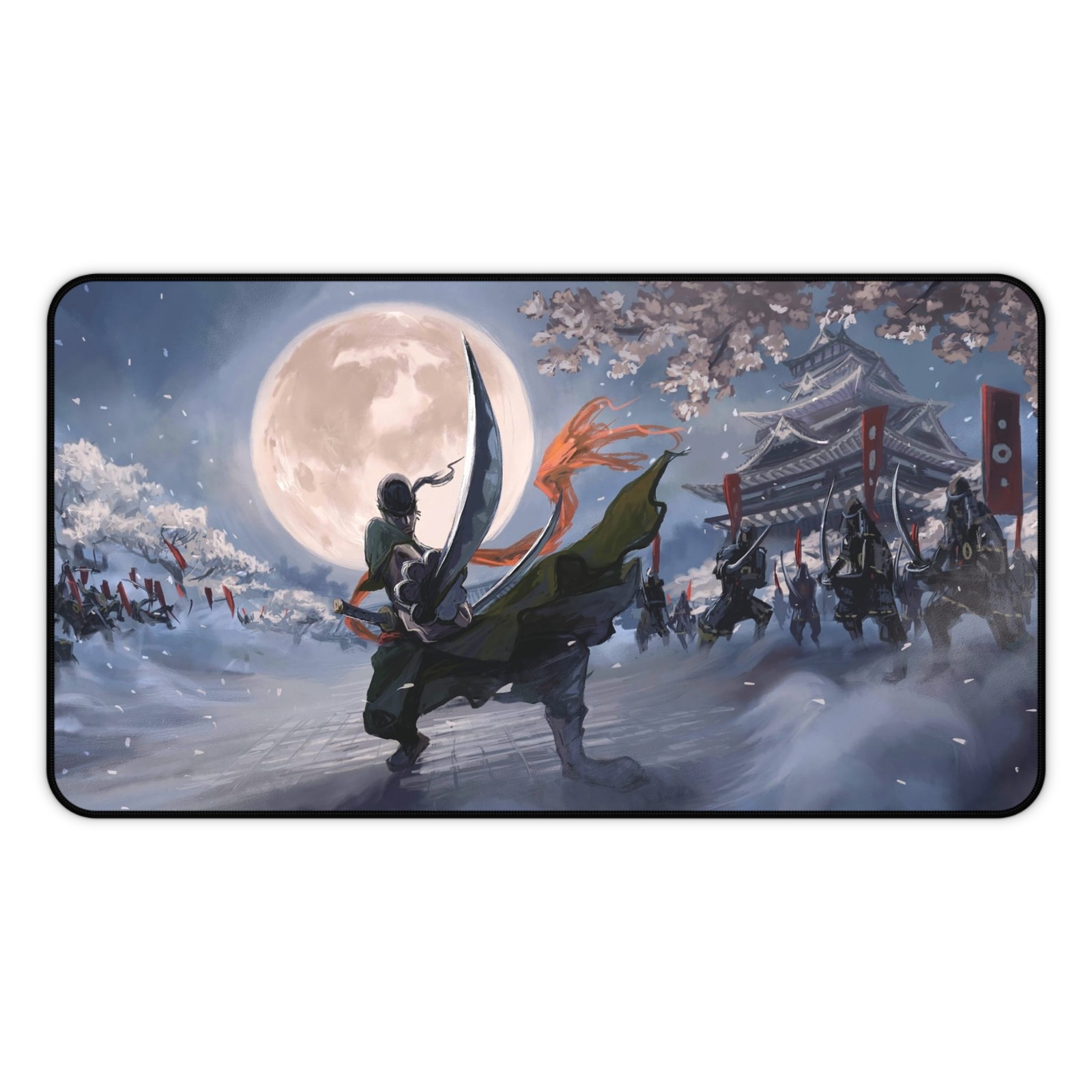 Samurai Under Full Moon Desk Mat | Lunar Battle Scene, Cherry Blossoms