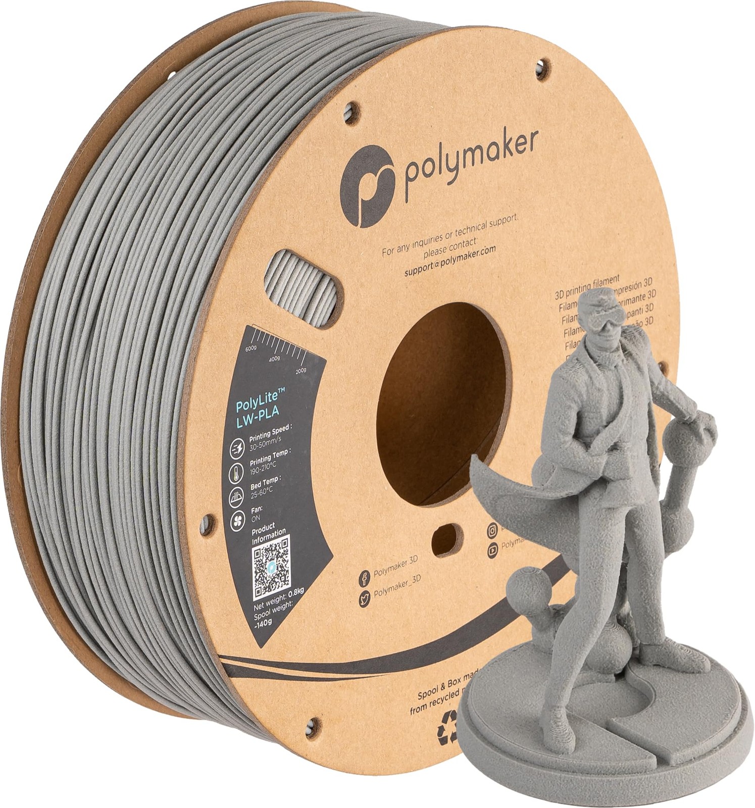 LW PLA Filament 1.75mm Gray, Pre-Foamed PLA 800g Lightweight 3D Filament - PolyL