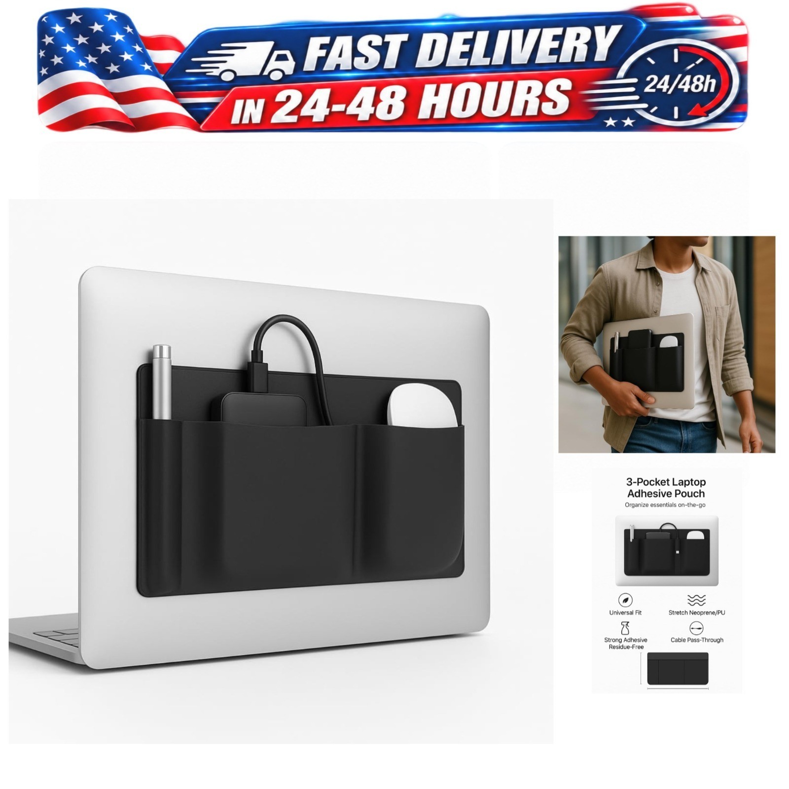 Adhesive Laptop Pouch Organizer 3-Pocket Stick-On Mouse SSD Cable Holder