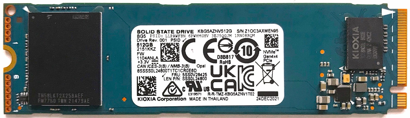 Kioxia 512GB BG5 M.2 2280 PCIe NVMe Gen4x4 SSD KBG5AZNV512G LEN P/N: SSS0L24800