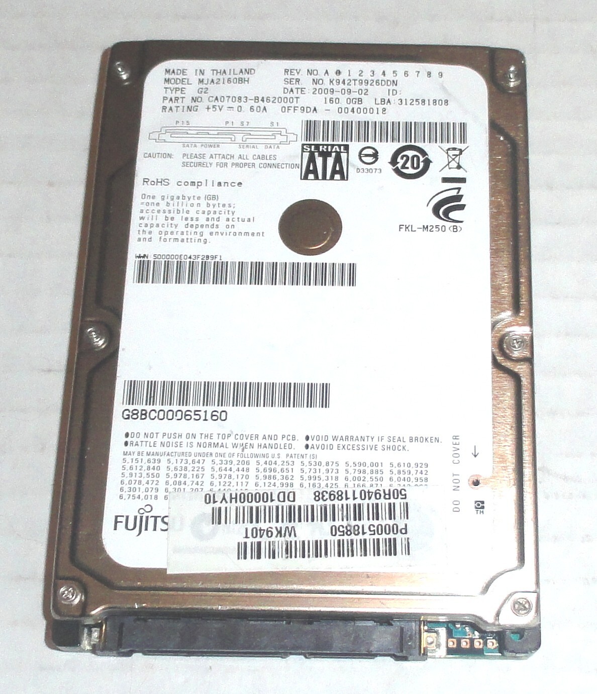 Fujitsu MJA2160BH G2 160GB Sata Hard Drive P/N: CA07083-B462000T F/W: 00400018