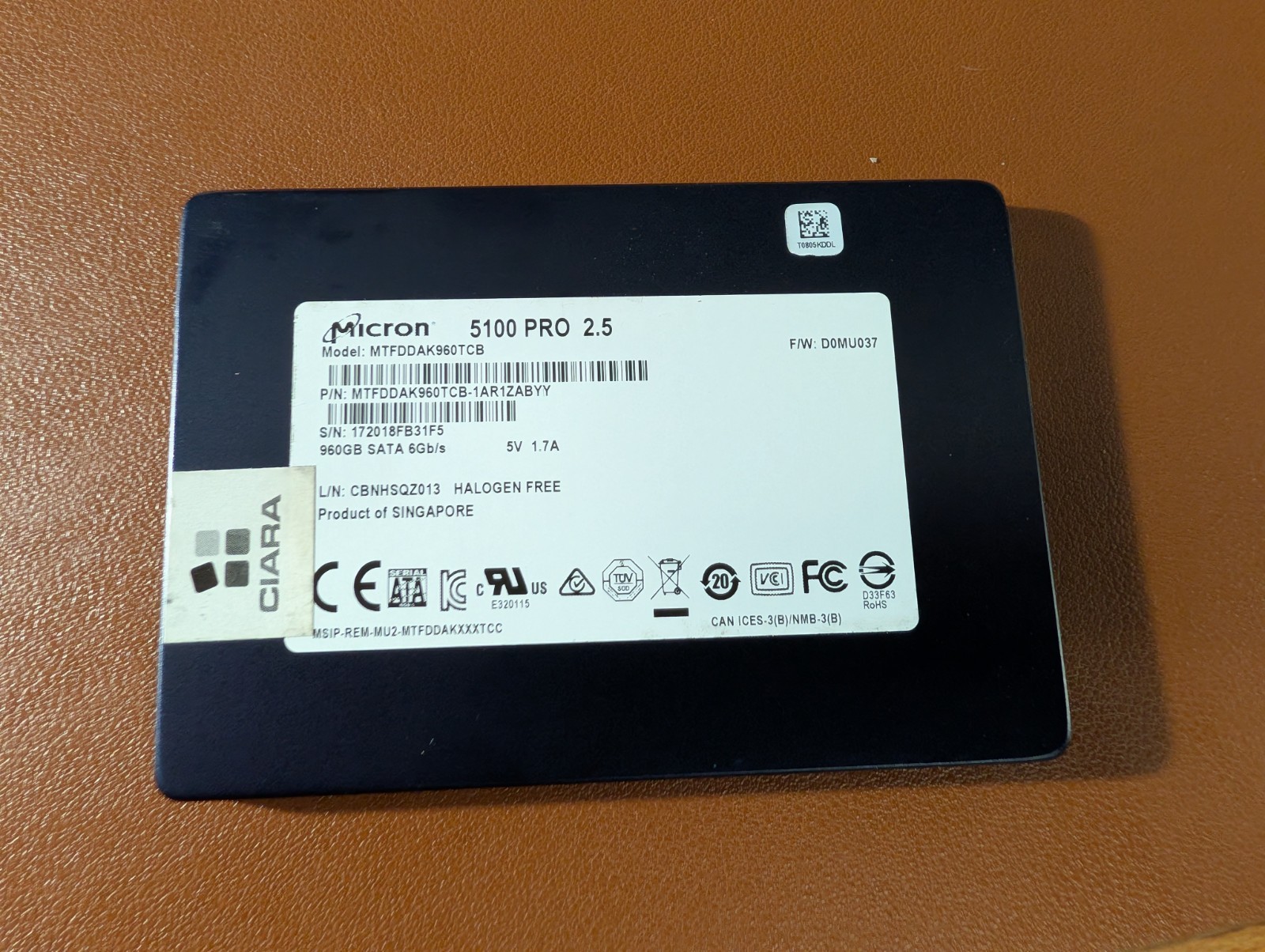 MICRON 960GB 5100 PRO 6G SATA 2.5" SFF SSD MTFDDAK960TCB (99% Health)