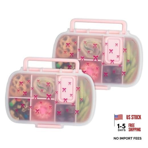 2-Pack Bento Style Snack Boxes, 7-Compartment Lunch Containers Pink Bow Print