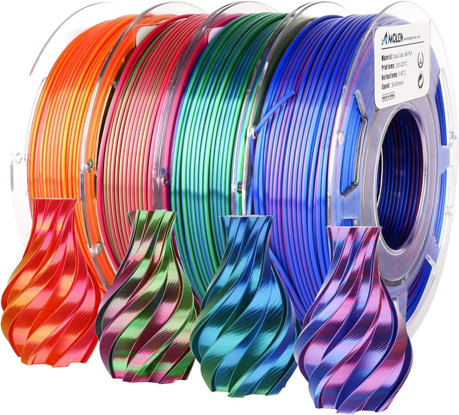 AMOLEN Silk PLA 3D Printer Filament Bundle Dual Color 1.75mm 4x200g Spools