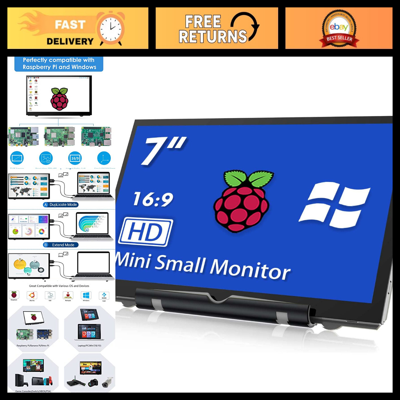 7" HDMI LCD Monitor 800x480 for Raspberry Pi 5/4/3/2/B/B+ & PC, Driver Free