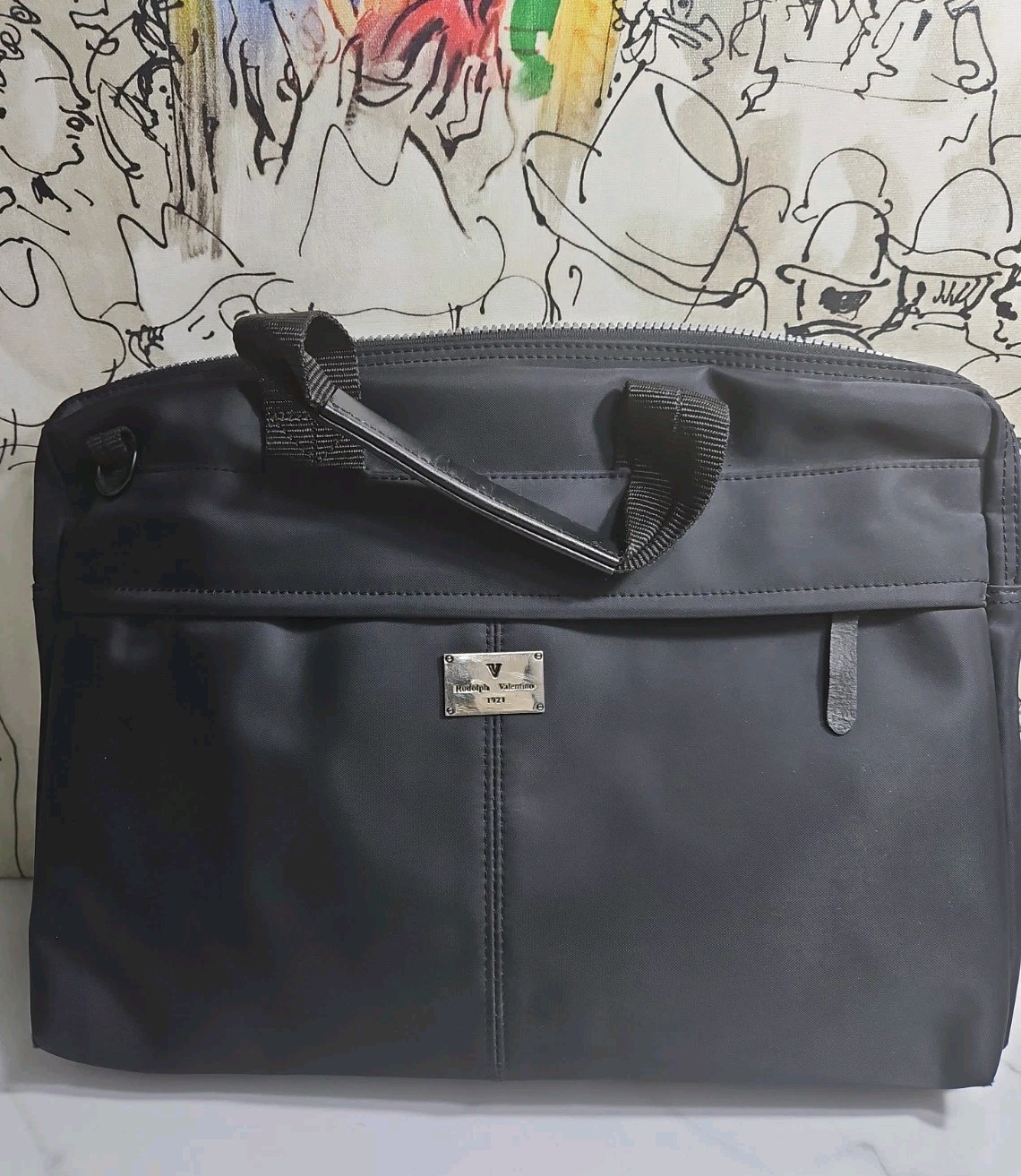 Rudolph Valentino 1921 Logo Plaque Black Nylon Briefcase Laptop Bag 15x11x2.5