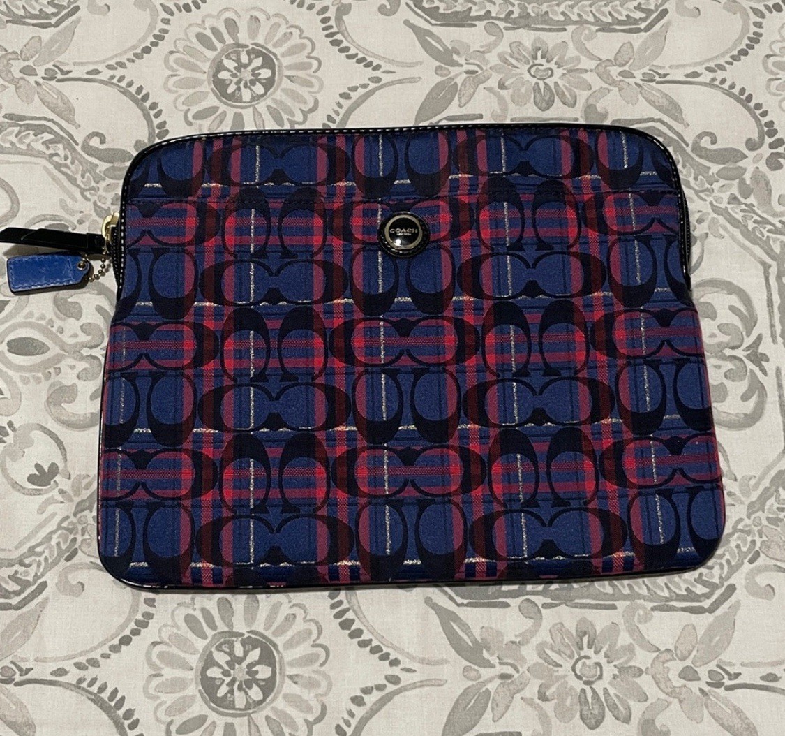 Coach Poppy Tartan Plaid Navy Blue Red Multi Stripe Zip Tablet Case