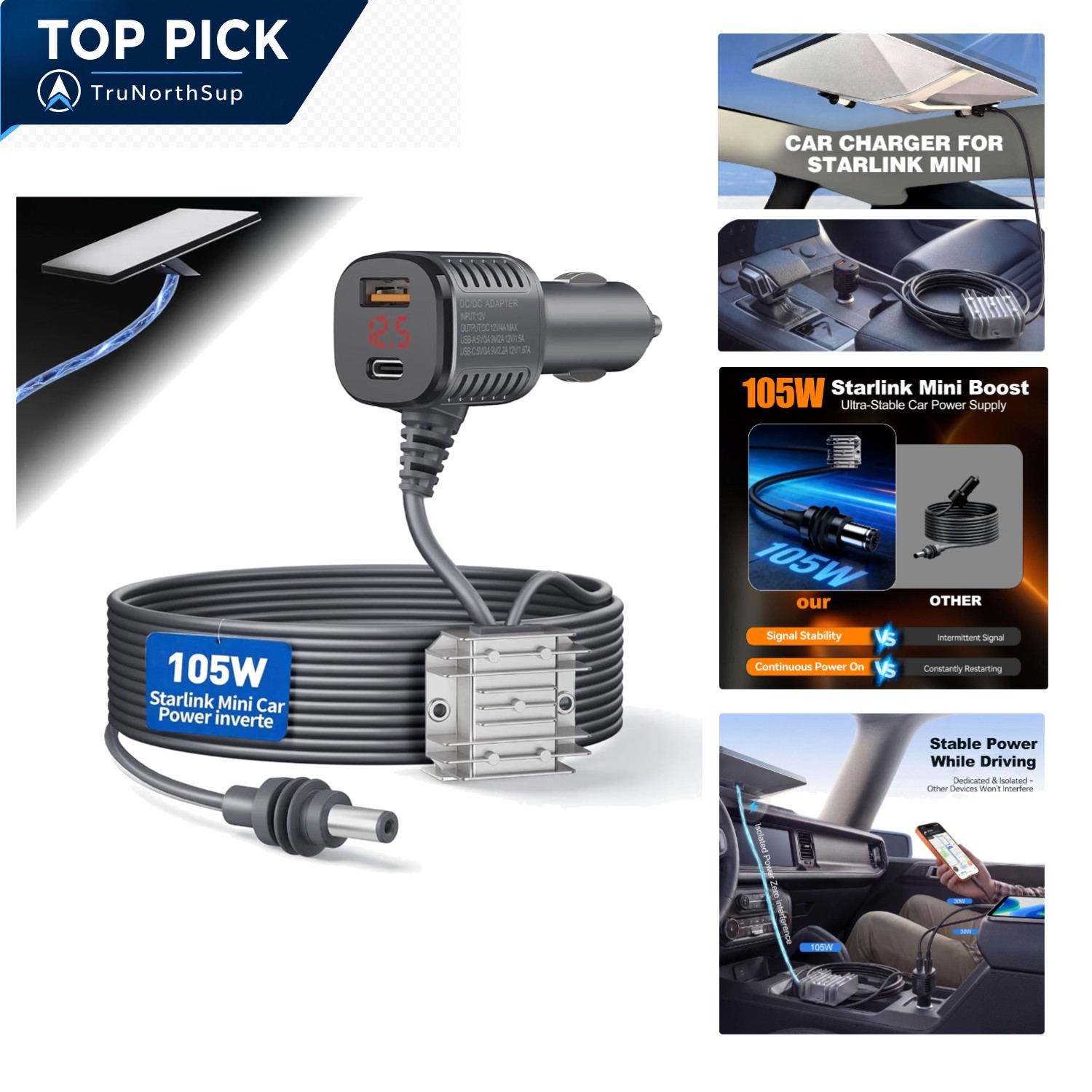 105W Starlink Mini Car Adapter Cable with Digital Display for RV Truck Boat 9...