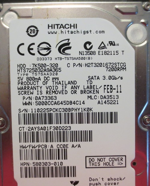 Hitachi HTS725032A9A365 PN:0A73363 MLC:DA3513 2.5" 320gb Sata Laptop Drive