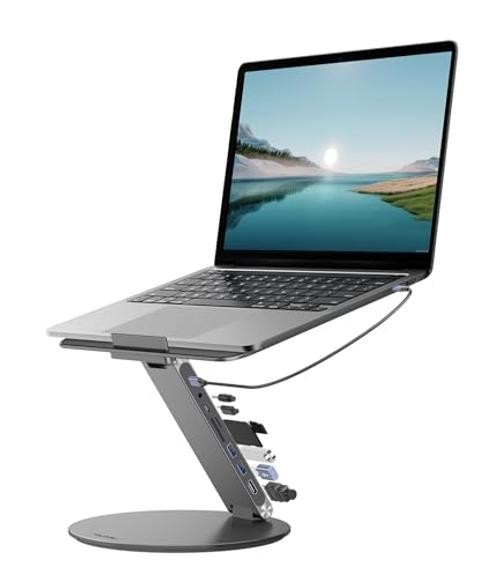 Adjustable Laptop Stand with 8 in 1 USB C Hub, Foldable Portable Computer Gray