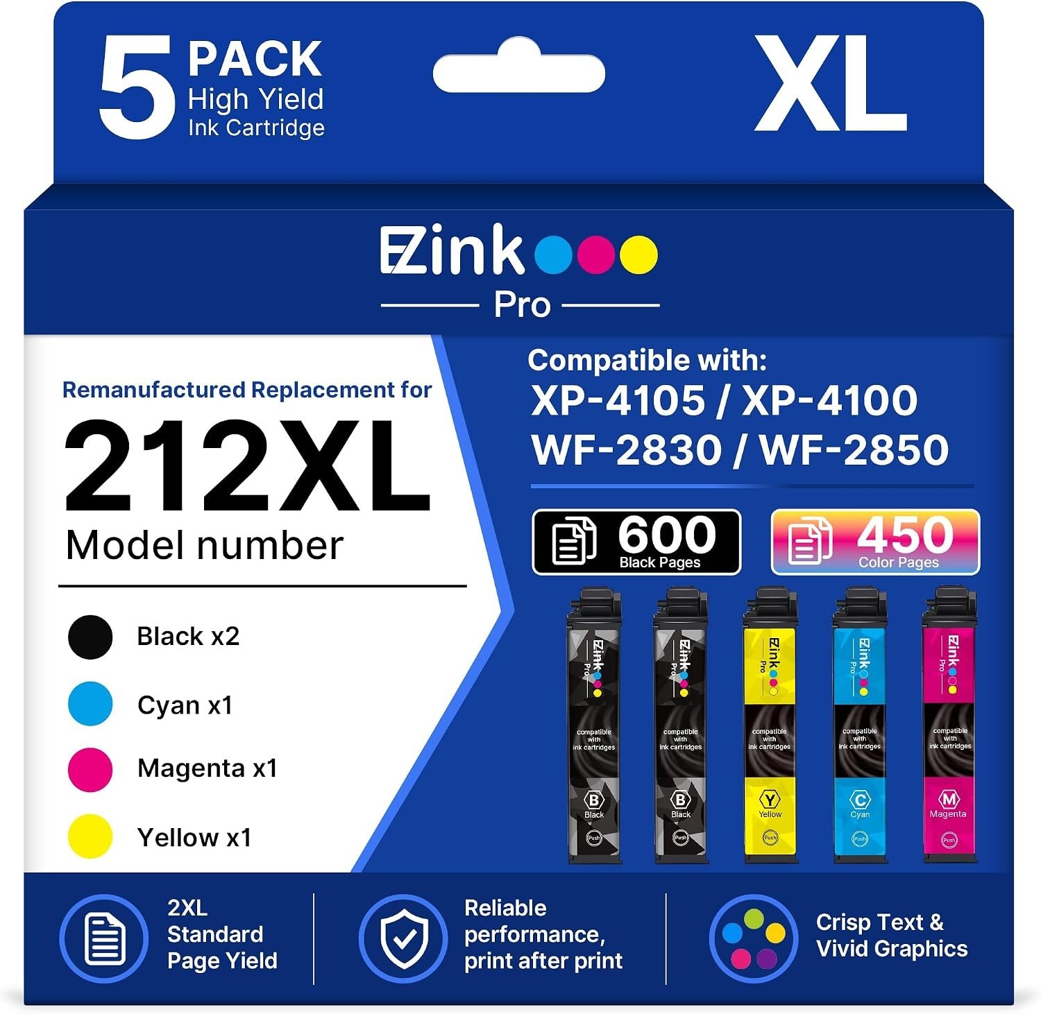 212XL Ink Cartridge 5 Pack for Epson XP-4100 XP-4105 WF-2830 WF-2850