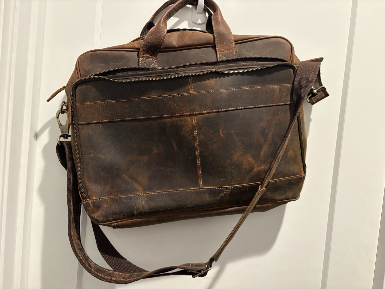 KomalC Leather Messenger Bag Brown for 15" Laptop, Padded, Partitions