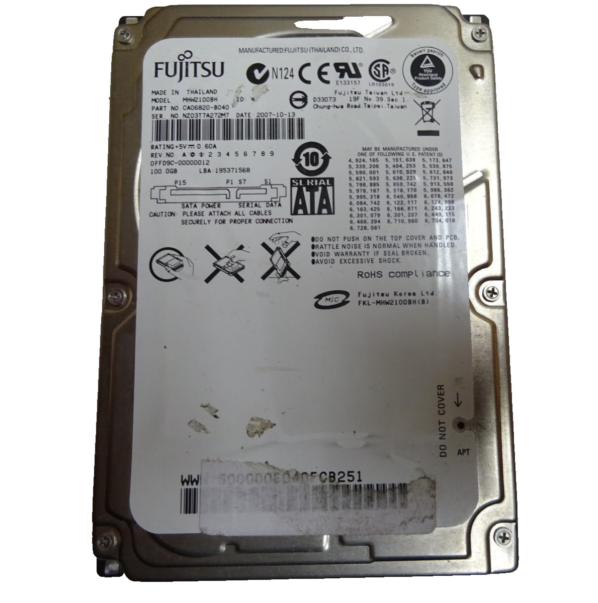 100GB SATA FUJITSU MHW2100BH S/N: NZ03TTA272M7 2.5" #NFP1105