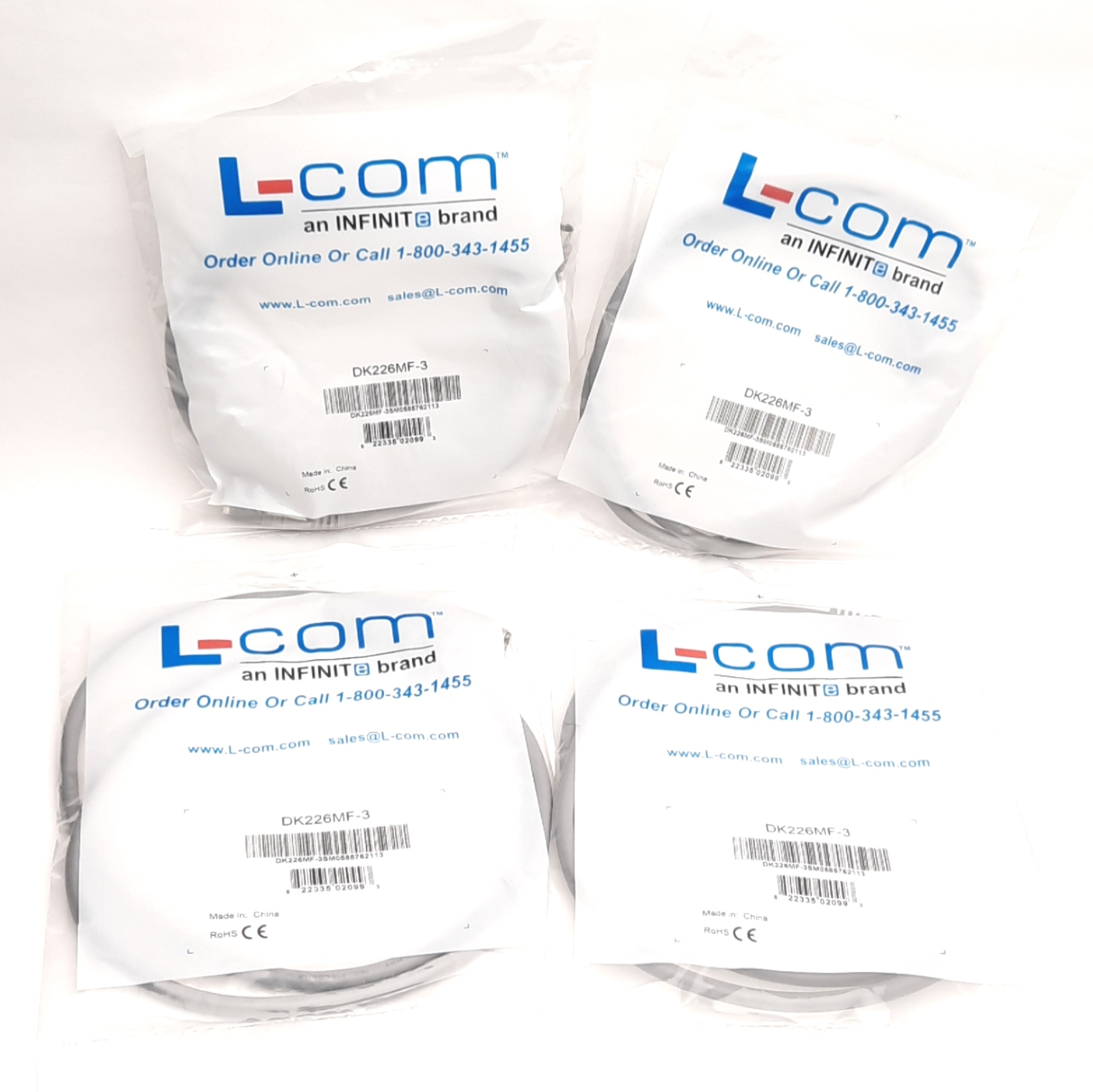 Lot of 4 L-Com DK226MF-3 Extension Mini-DIN Cable, 3 Ft, PS2, DIN 6-Pin