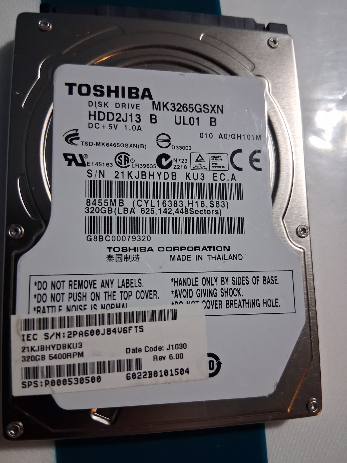 Toshiba MK3265GSXN 320GB 5400RPM HDD2J13 UL01 HDD 2.5" Laptop Hard Drive Tested