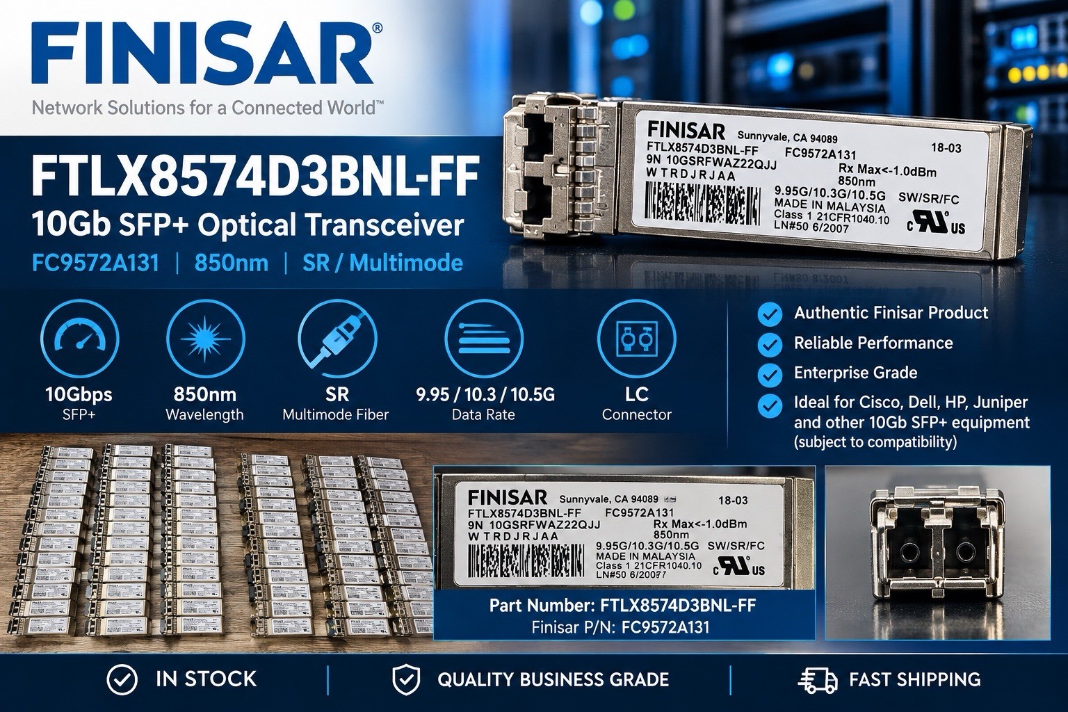 Lot 100 Finisar FTLX8574D3BNL-FF 10GBASE-SR SFP+ Transceiver 850nm Extended Temp