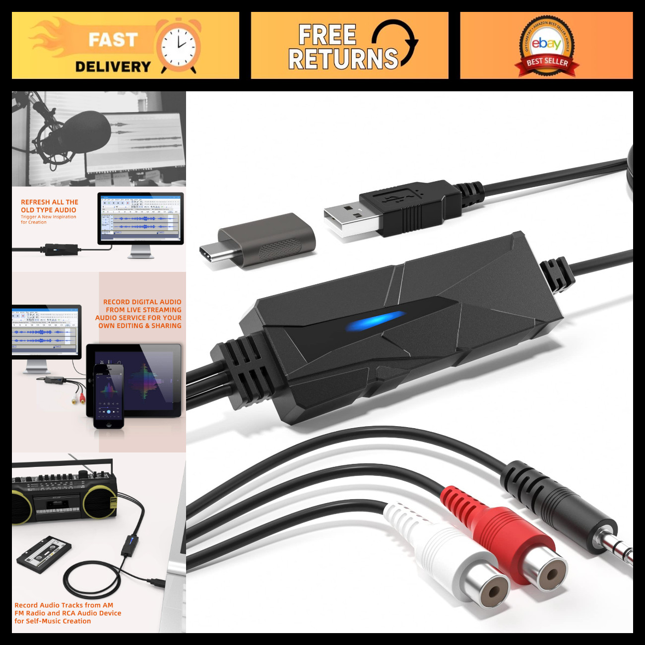 USB A/C Audio Capture Card Device - High-Quality Sound, Plug & Play, Low Latency