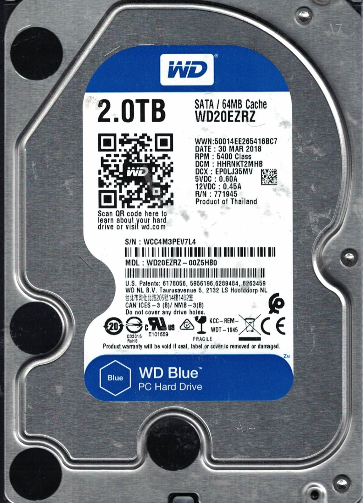 Western Digital WD20EZRZ-00Z5HBO DATE 30 MAR 2018 DCM HHRNKT2MHB